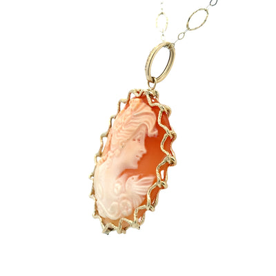 Estate 24" Shell Cameo Pendant in Yellow Gold