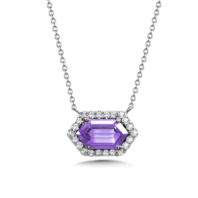 Amethyst and Diamod Halo Necklace in White Gold