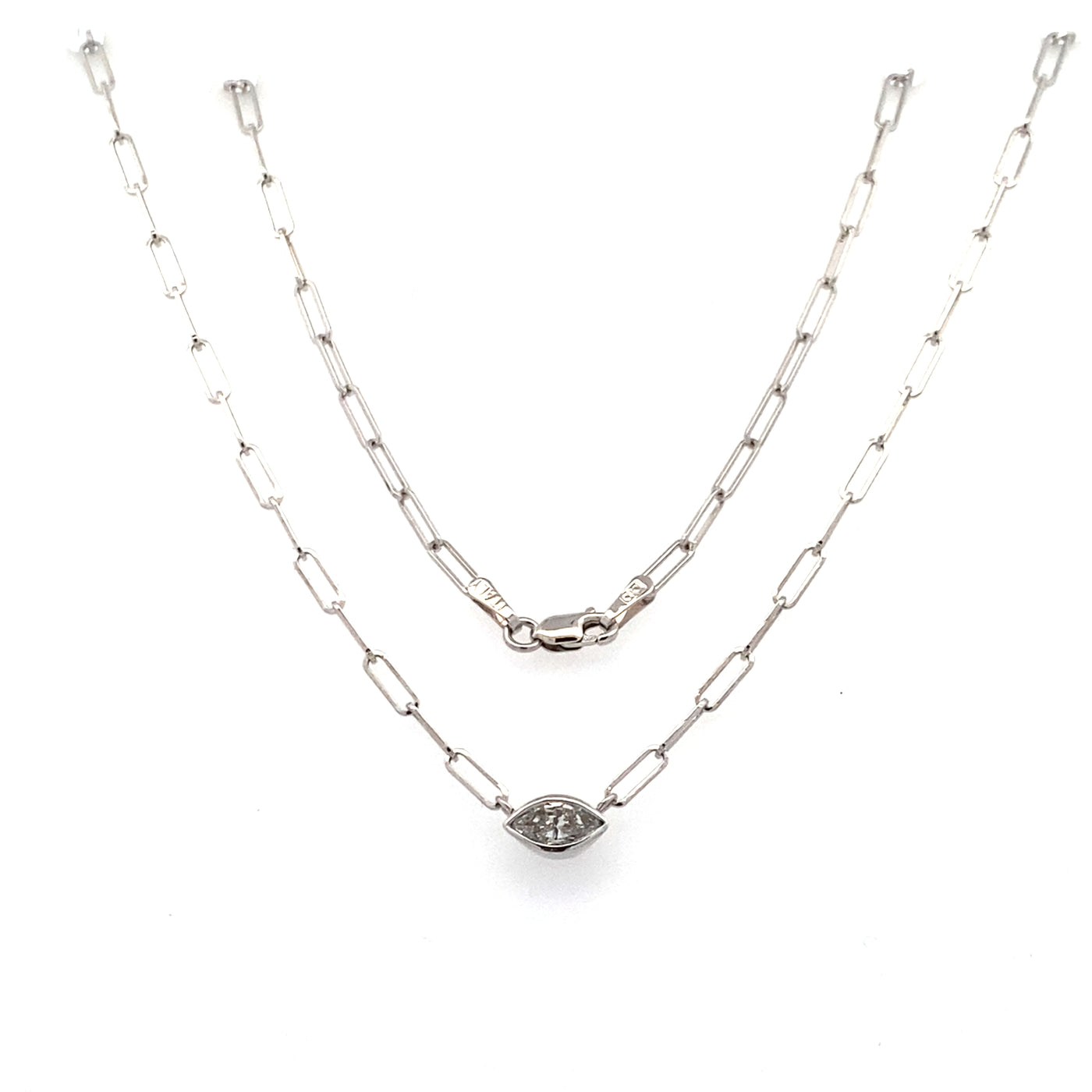 Marquise Shape Diamond Solitaire Necklace with Paperclip Chain in White Gold by B&C