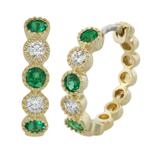 Emerald & Diamond Hoop Earrings in Yellow Gold