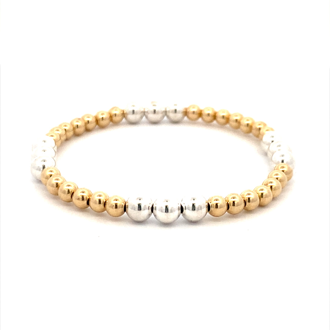 Karen Lazar Stretch 4mm Yellow Gold Filled and 5mm Sterling Silver Beaded Bracelet Size 6.25