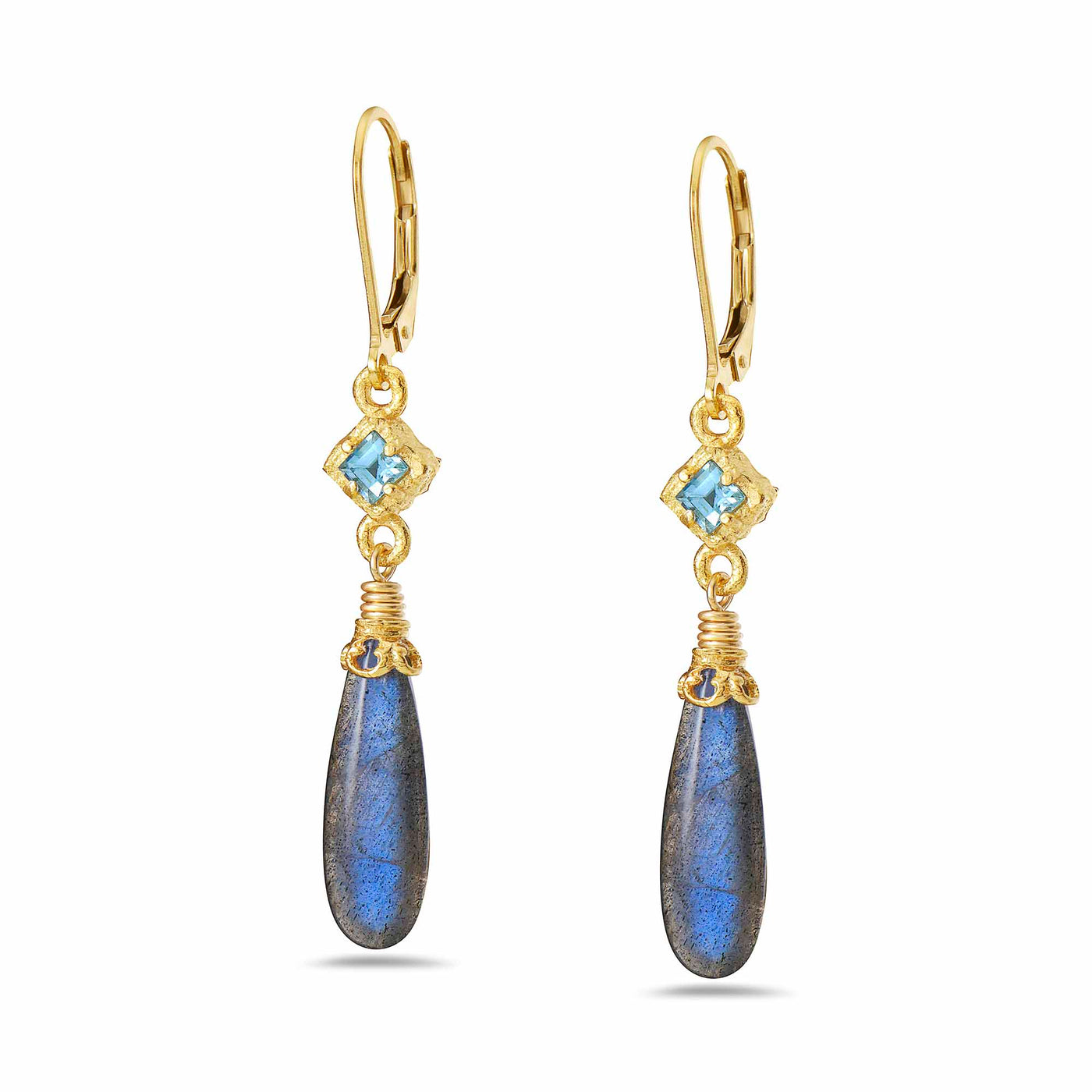 Labradorite and Blue Topaz Drop Earrings in Yellowo Gold by Anatoli