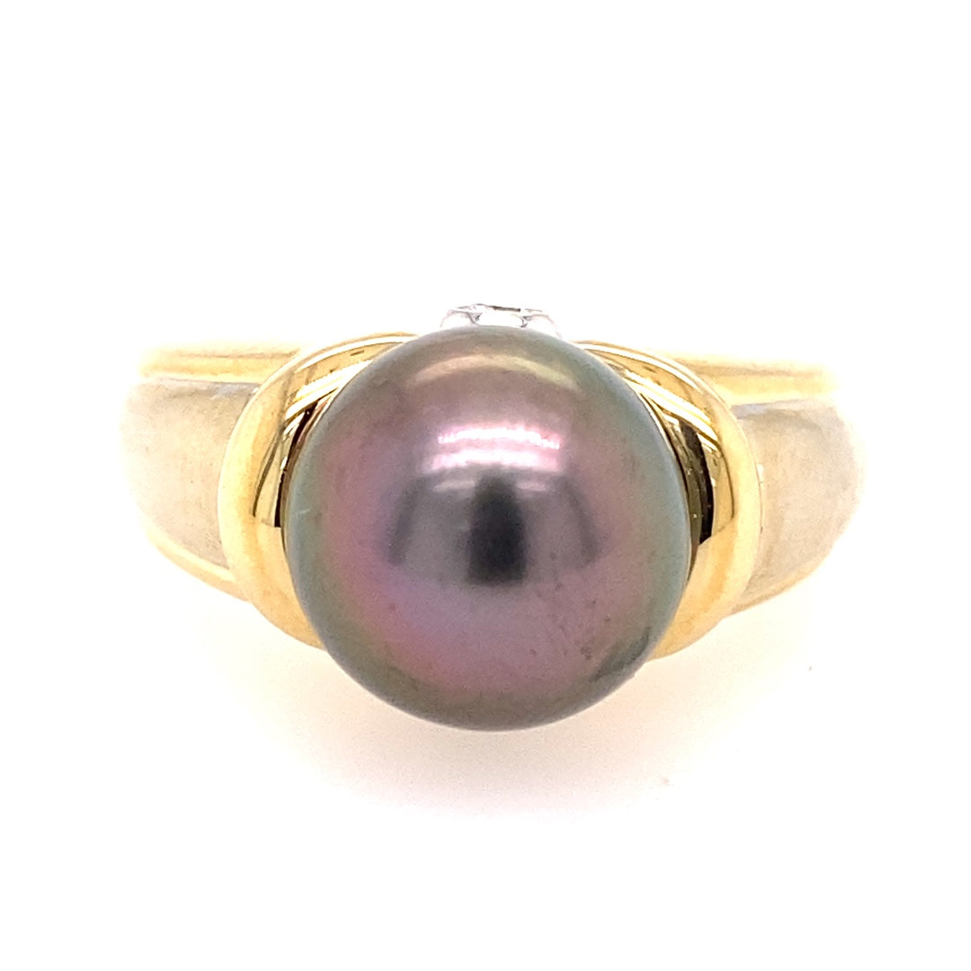 Estate Black Tahitian Pearl Ring in Yellow Gold