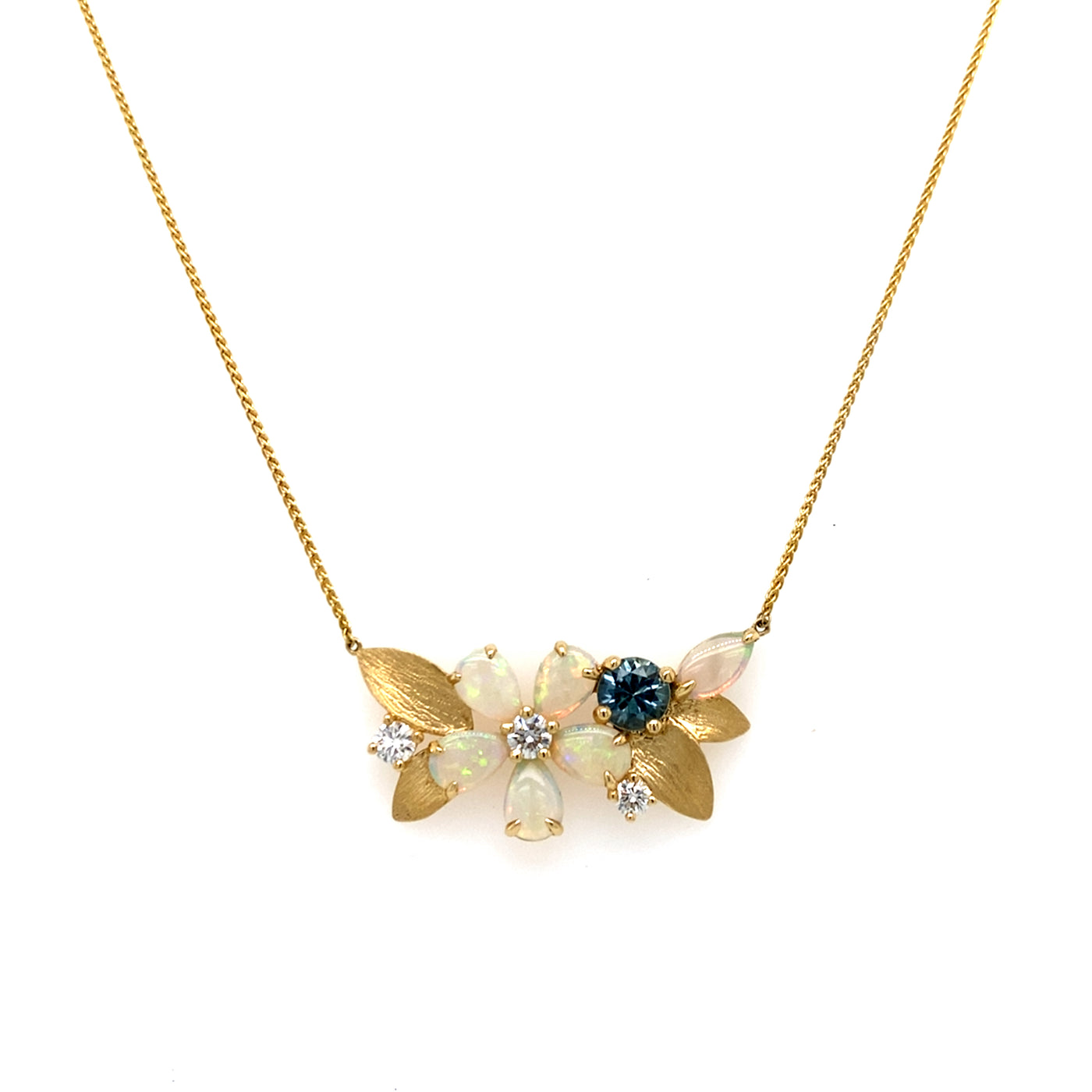 Australian Opal, Montana Sapphire and DIamond Floral Necklace in Yellow Gold by Parle