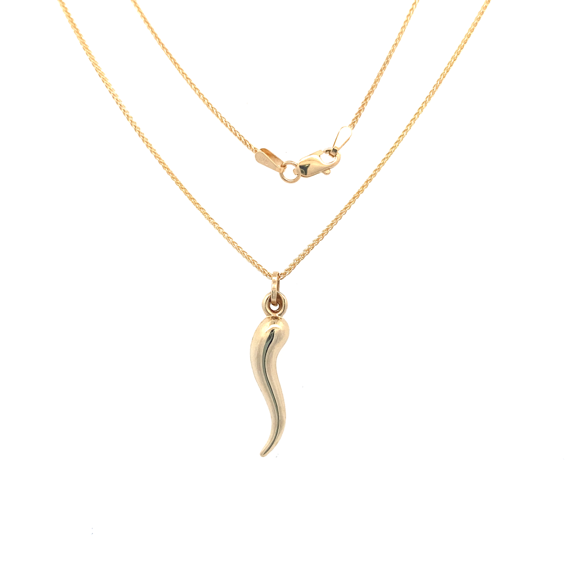 20" 3D Italian Horn Pendant with Wheat Chain in Yellow Gold