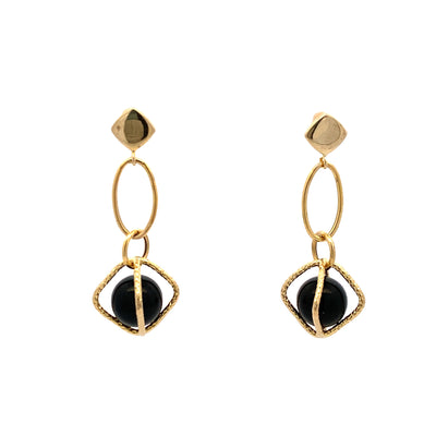 Estate Onyx Bead Drop Earrings in Yellow Gold