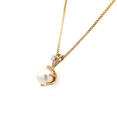 Estate Pearl & Diamond Pendant in Yellow Gold