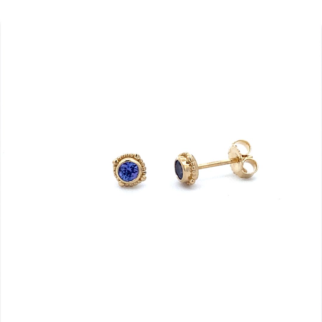 Tanzanite Halo Stud Earrings in Yellow Gold by B&C