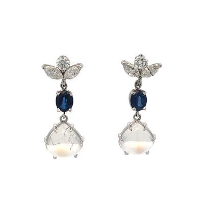 Moonstone, Sapphire and Diamond Drop Earrings in White Gold by B&C