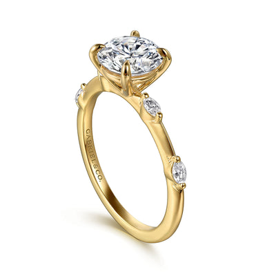 Round Diamond Side Stone Engagement Ring in Yellow Gold by Gabriel NY