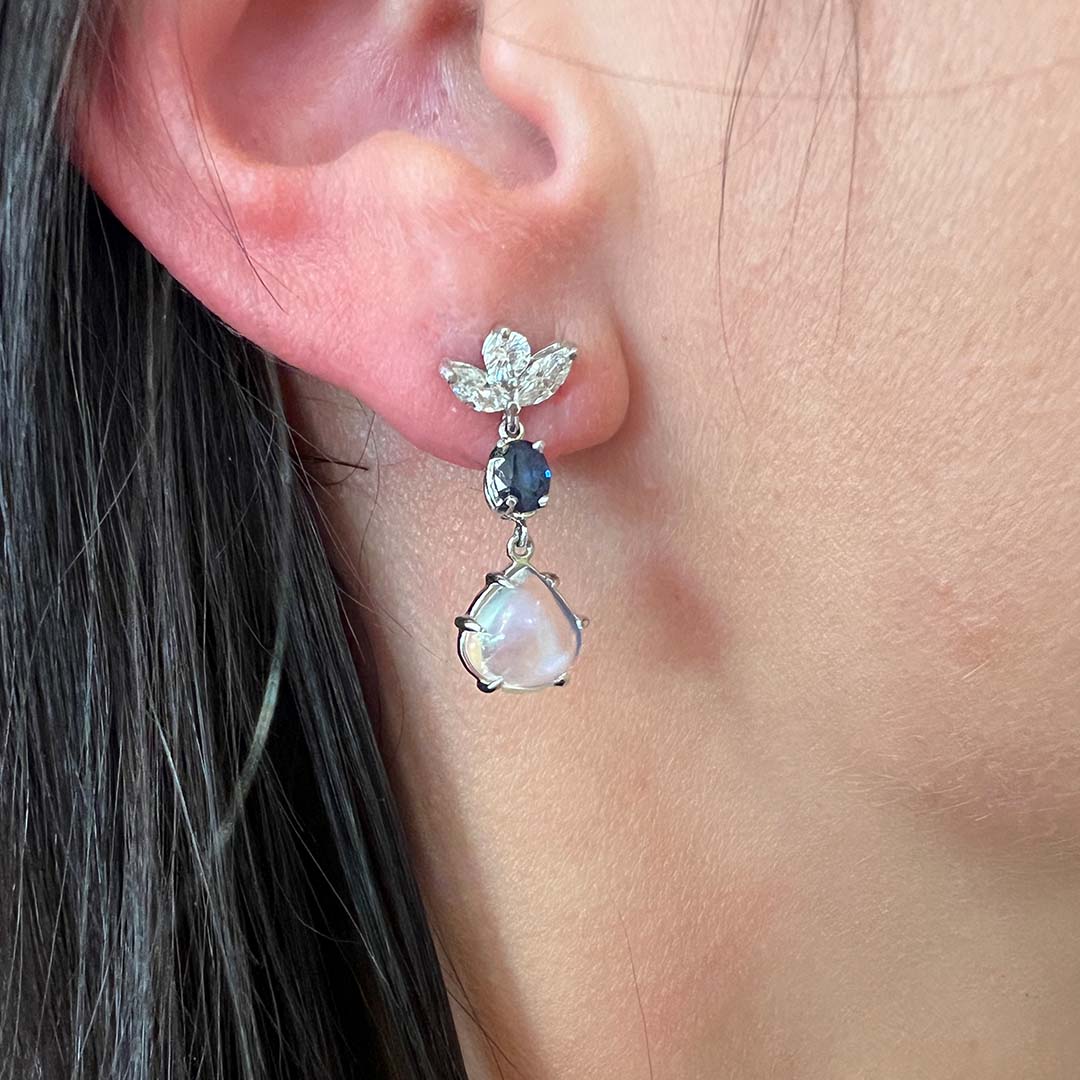 Moonstone, Sapphire and Diamond Drop Earrings in White Gold by B&C