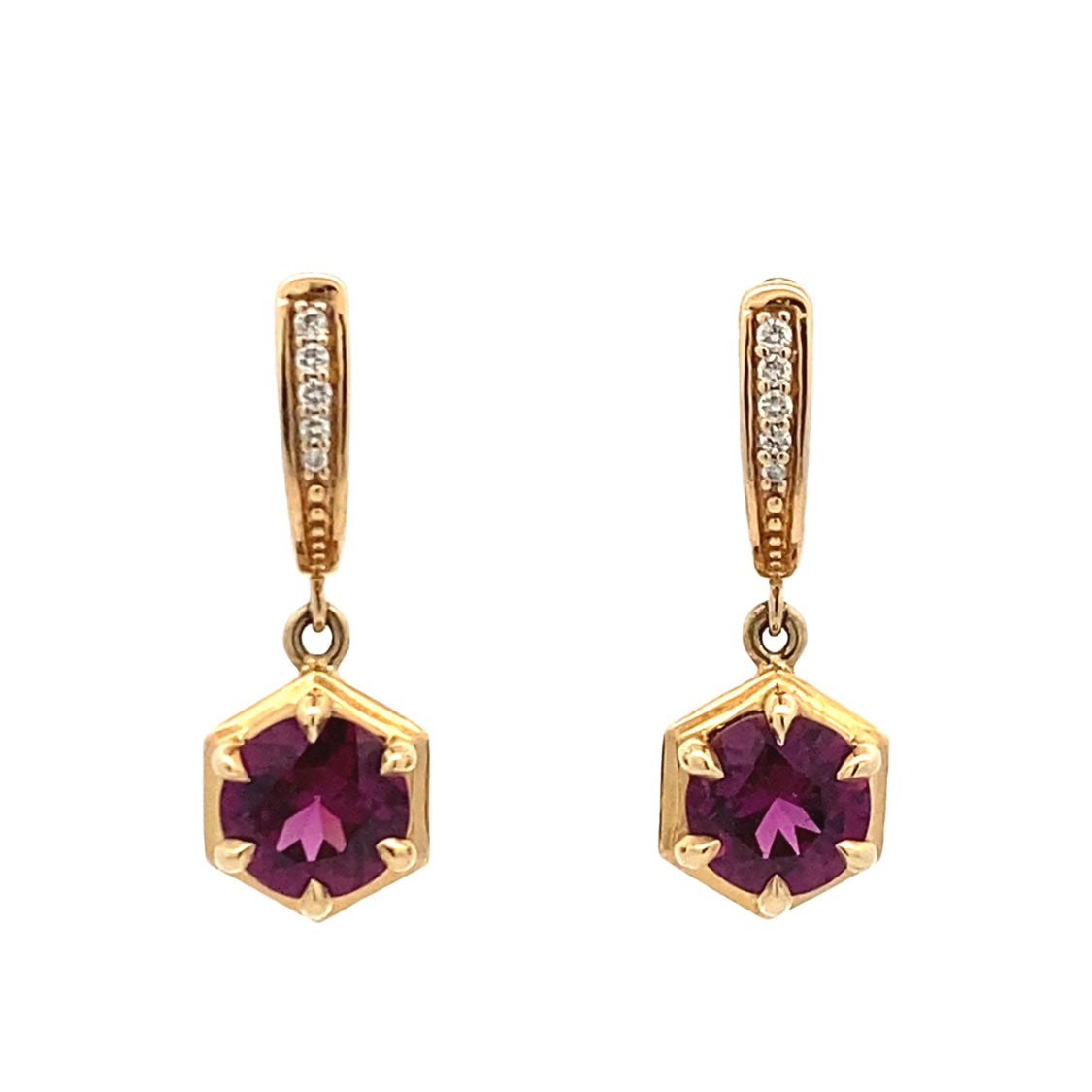 Plum Garnet Dangle Earrings in Yellow Gold by B&C