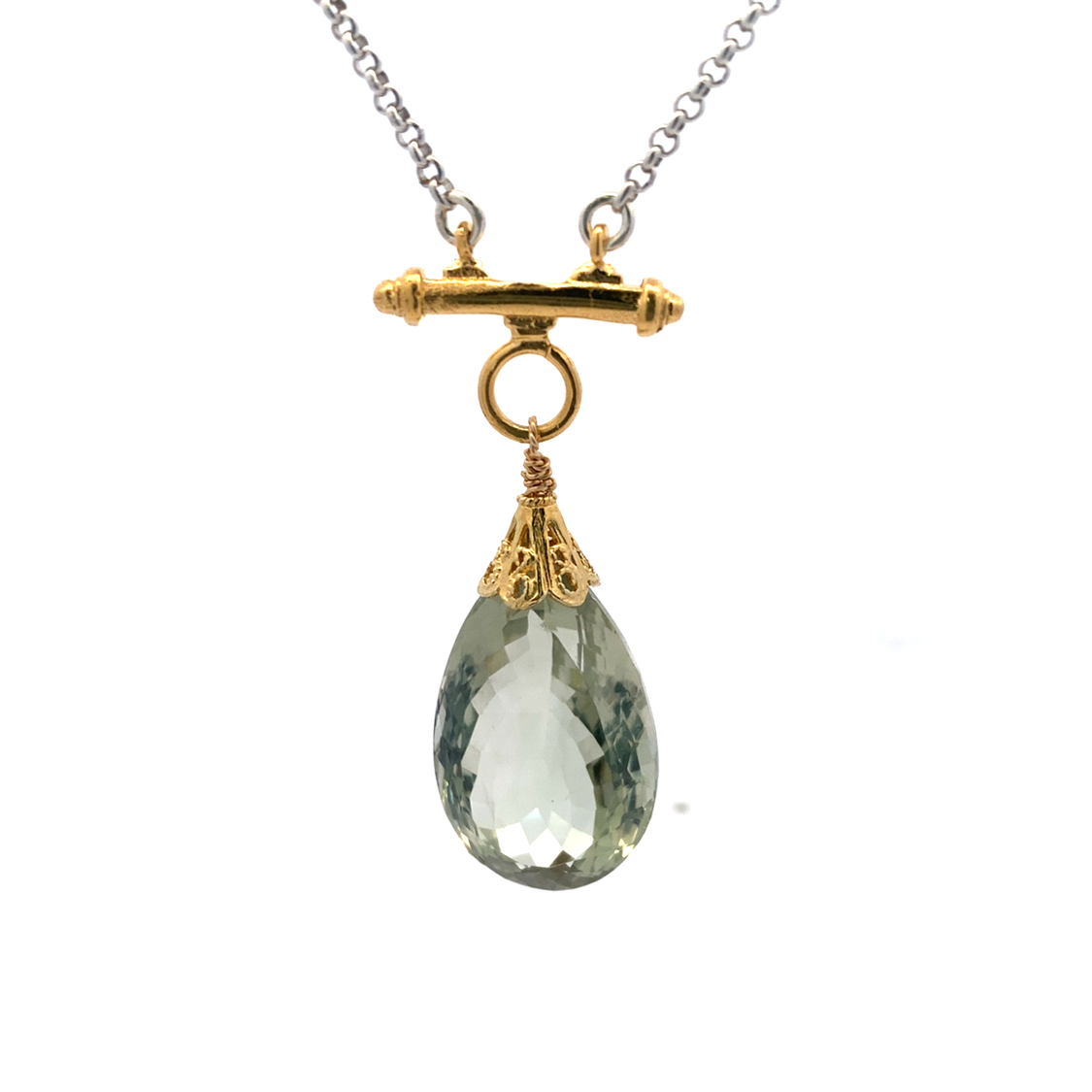 Green Amethyst Drop Necklace in Two-Tone Gold by Anatoli