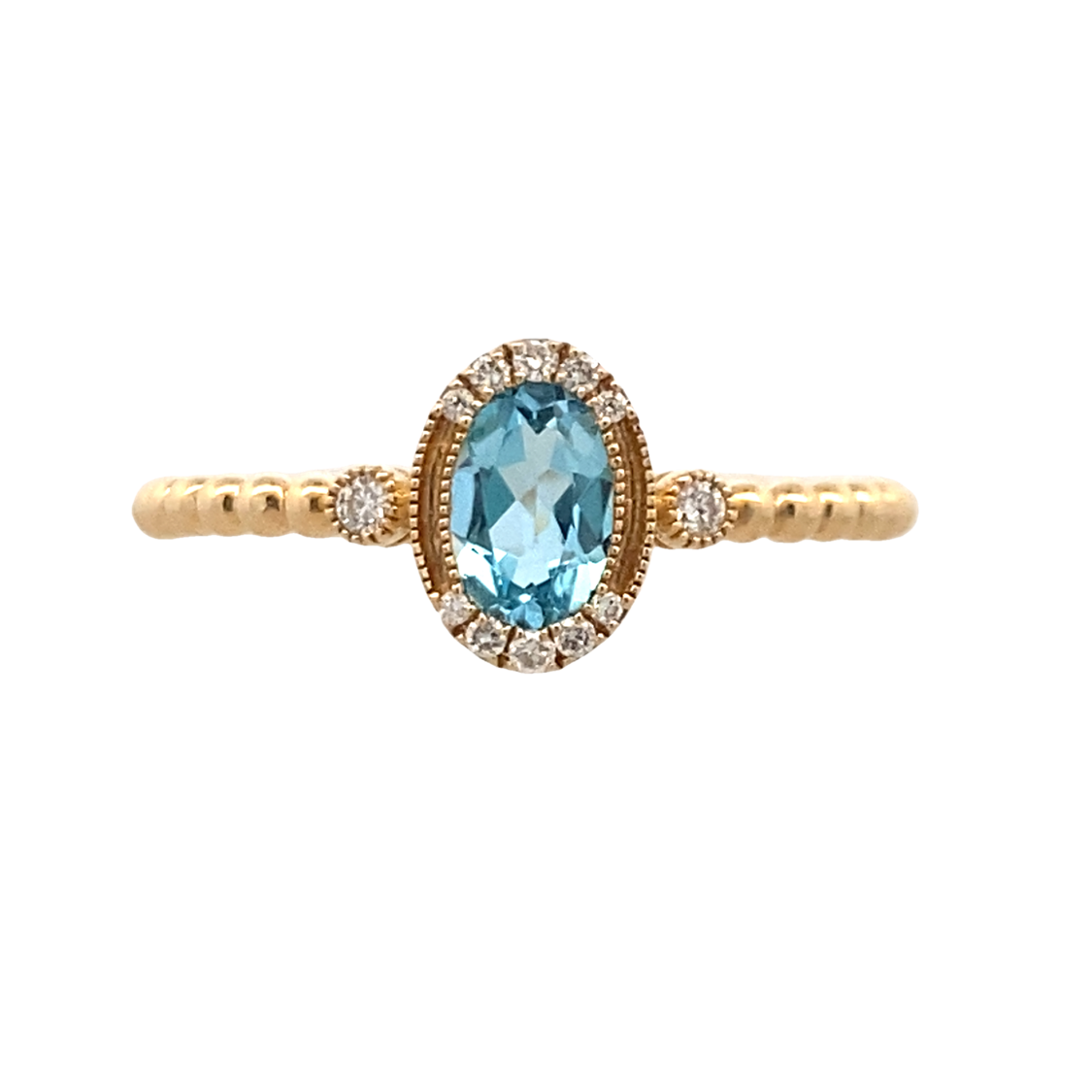 Yellow Gold Blue Topaz & Diamond Beaded Ring