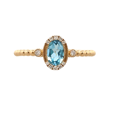 Yellow Gold Blue Topaz & Diamond Beaded Ring