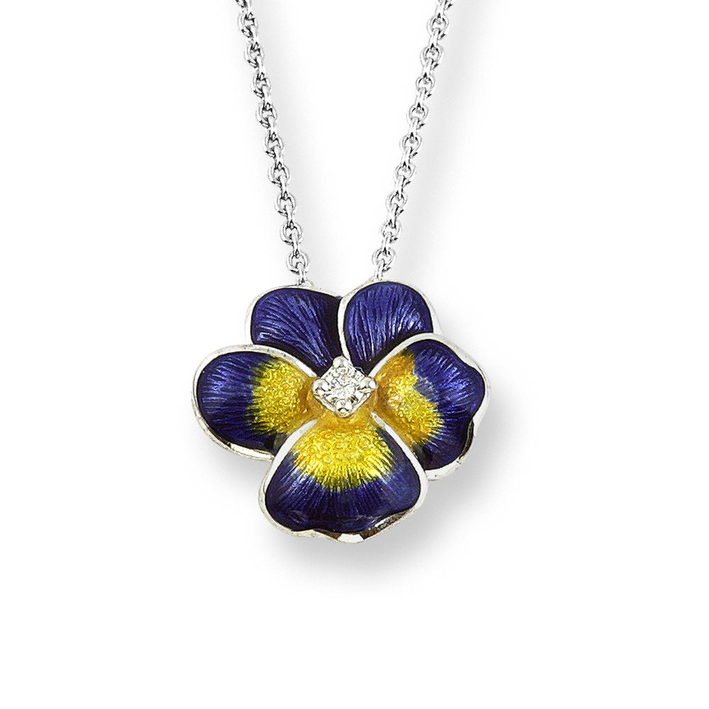 Enamel Pansy Pendant with White Sapphire in Silver by Nicole Barr