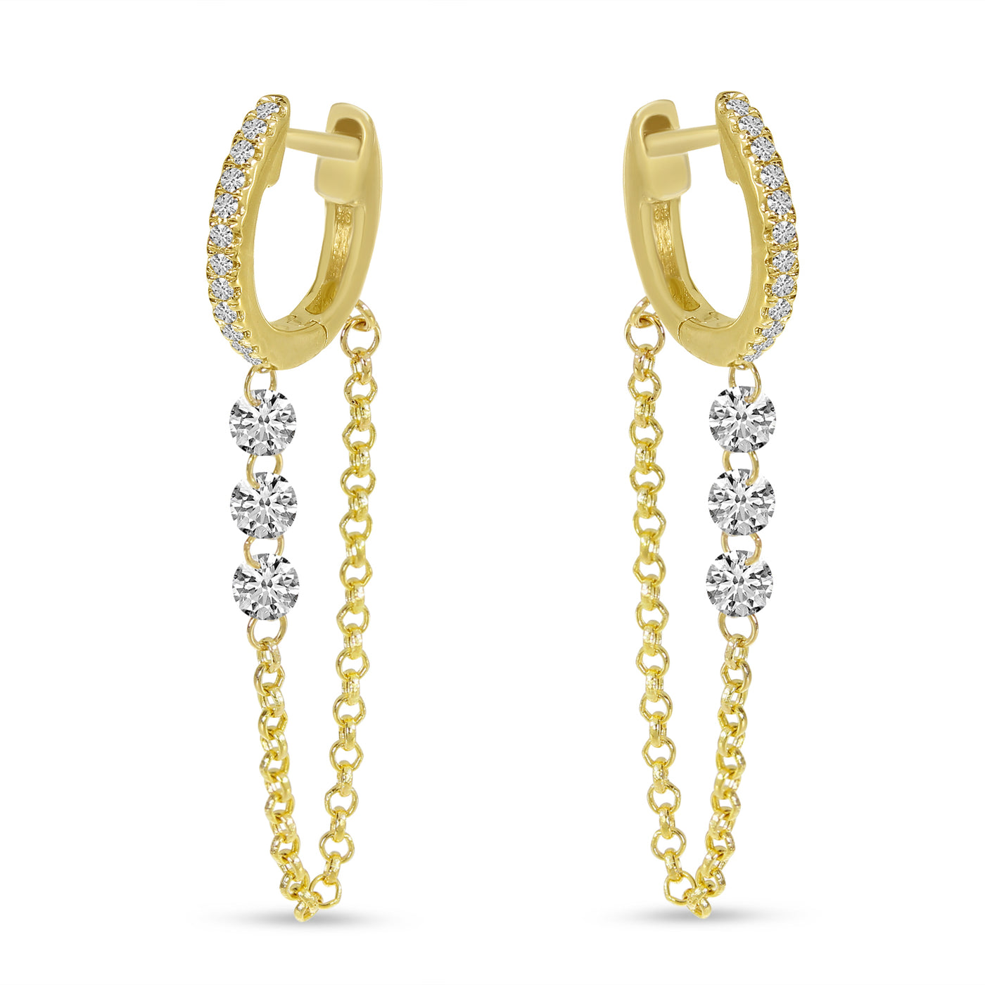 14 KT Yellow Gold Pierced Diamond Chain Huggie Earrings E10706