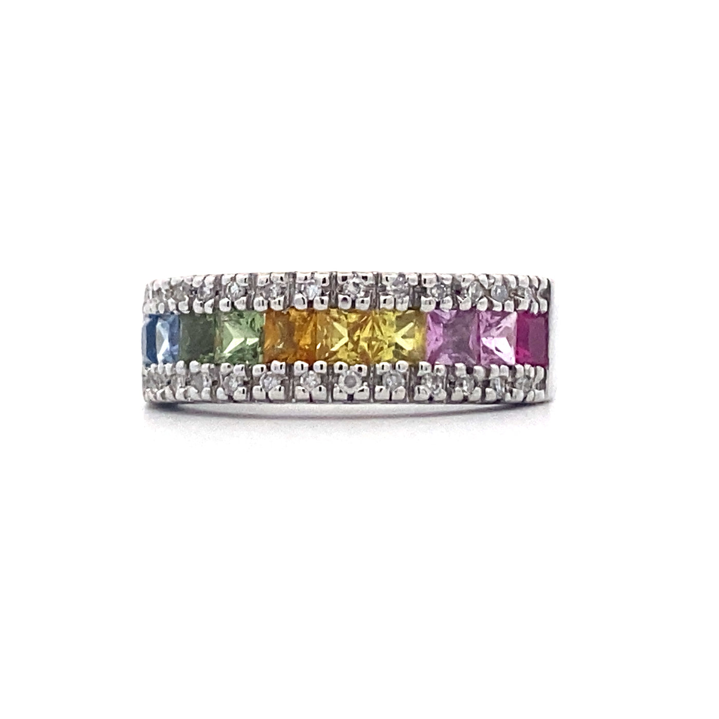 Estate Rainbow Sapphire & Diamond Ring in White Gold