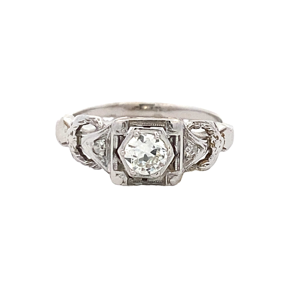 Estate Vintage Inspired Three Stone Engagement Ring in White Gold