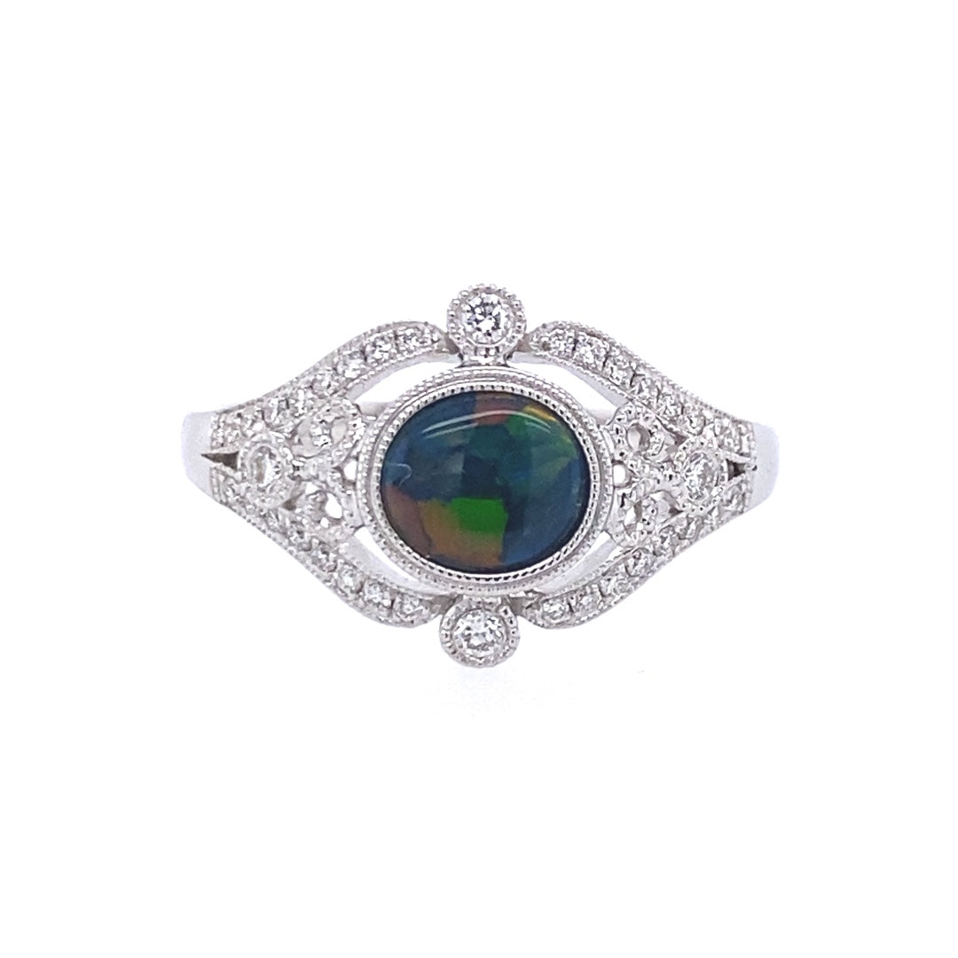 Black Opal & Diamond Ring in White Gold