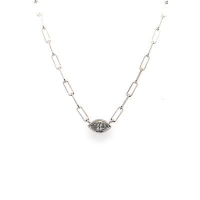 Marquise Shape Diamond Solitaire Necklace with Paperclip Chain in White Gold by B&C